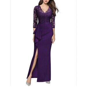 MISSMAY Floral Lace Ruffle Dress 3/4 Sleeve Long Evening Party Formal Purple XL